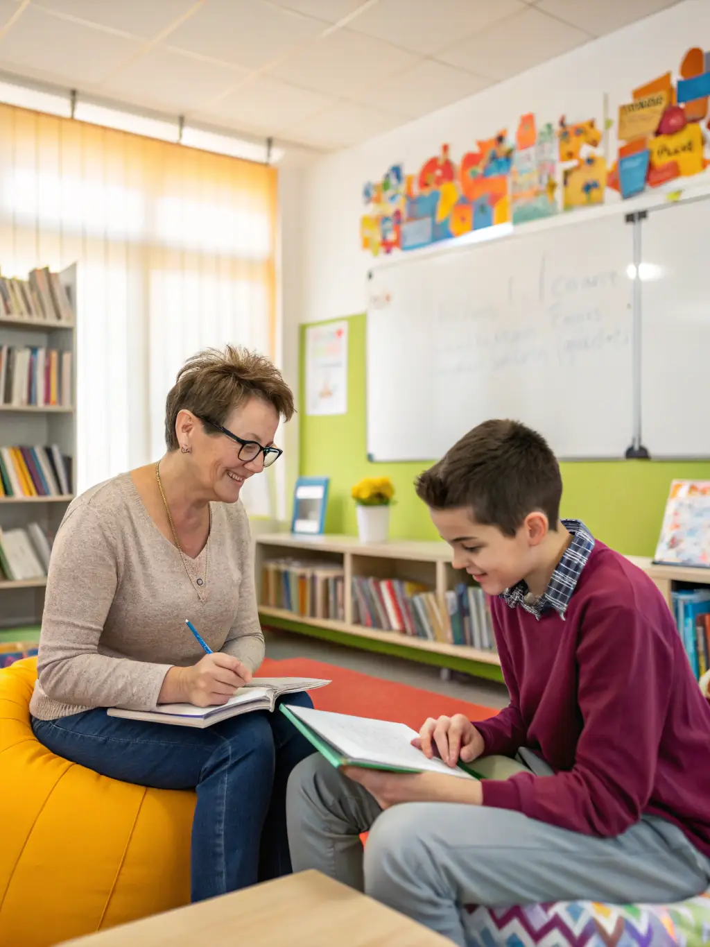 A calm and supportive Brightmore tutor is shown providing guidance to a student who appears anxious, emphasizing the emotional support and stress management techniques offered.