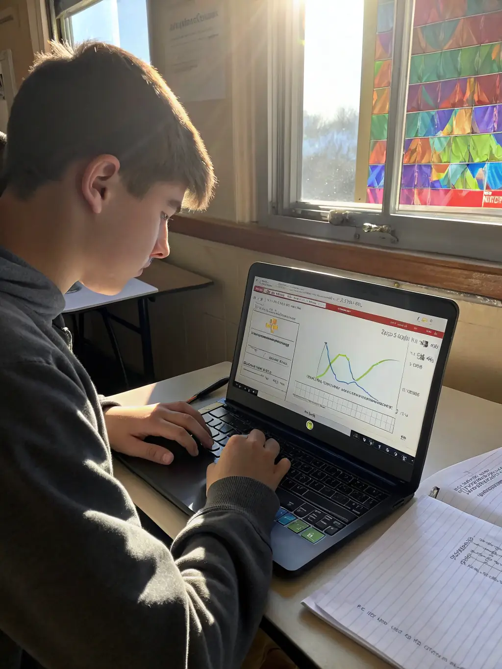 A student intently focused on solving a complex math problem, with equations and graphs visible in the background, symbolizing the challenges and rewards of GCSE Maths.