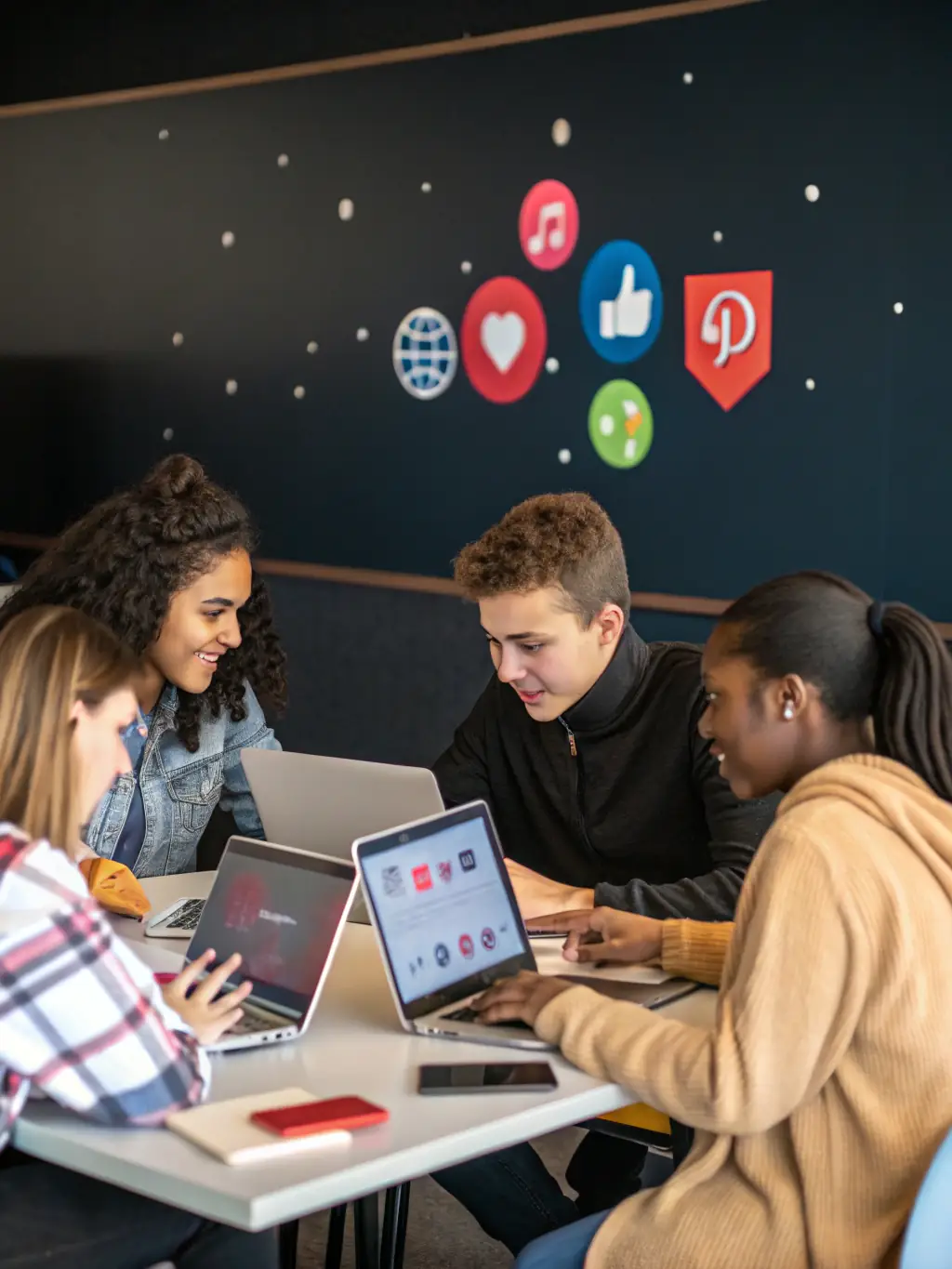 A diverse group of students collaborating on a project, with laptops and textbooks spread around, illustrating the collaborative and supportive learning environment at Brightmore Tutoring.