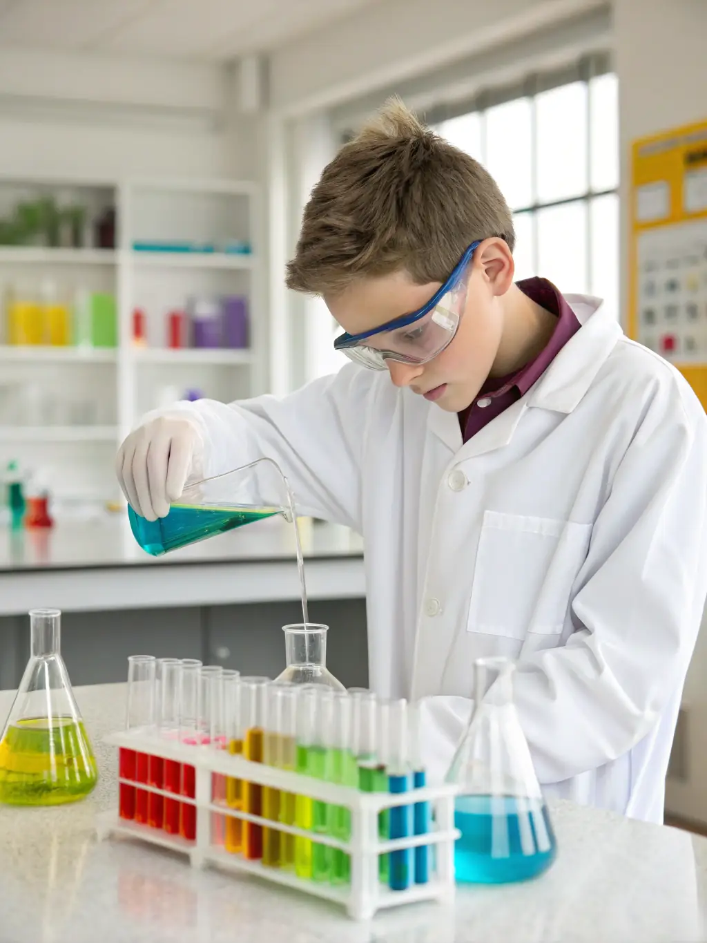 A student conducting a science experiment with beakers and test tubes, showcasing the hands-on learning and practical application of scientific principles in GCSE Science.